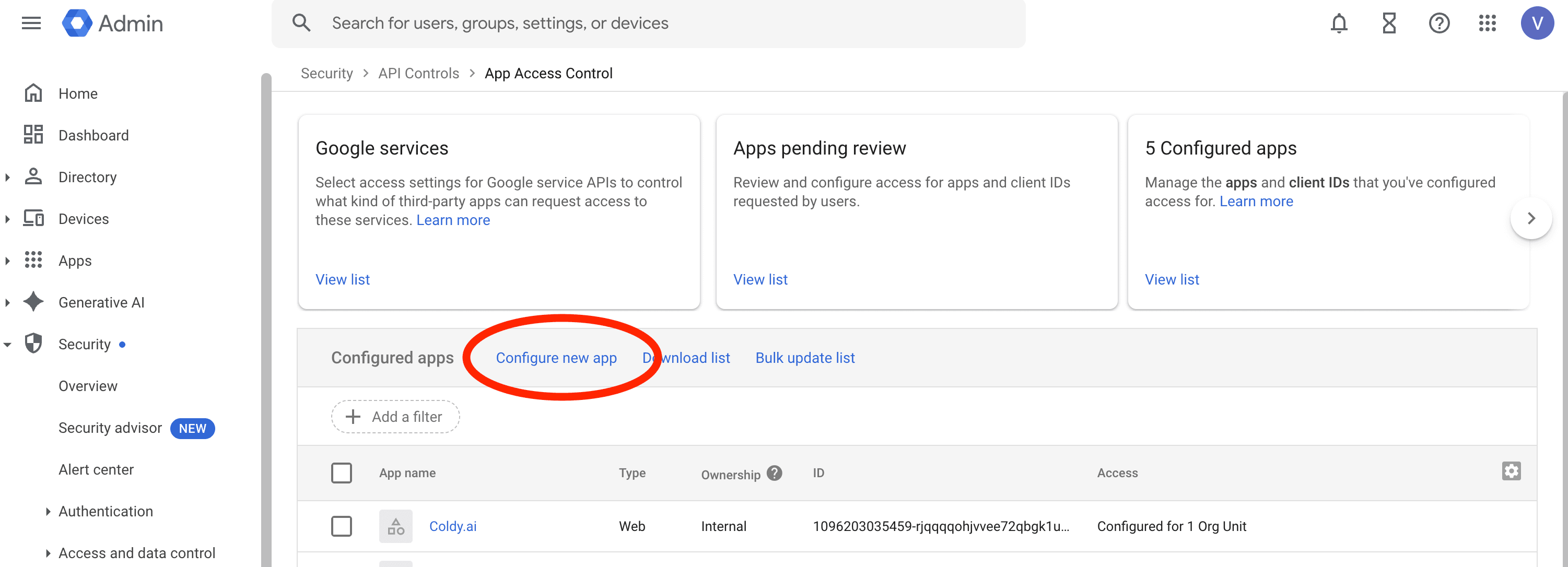 Configure new app в админке Google Workspace