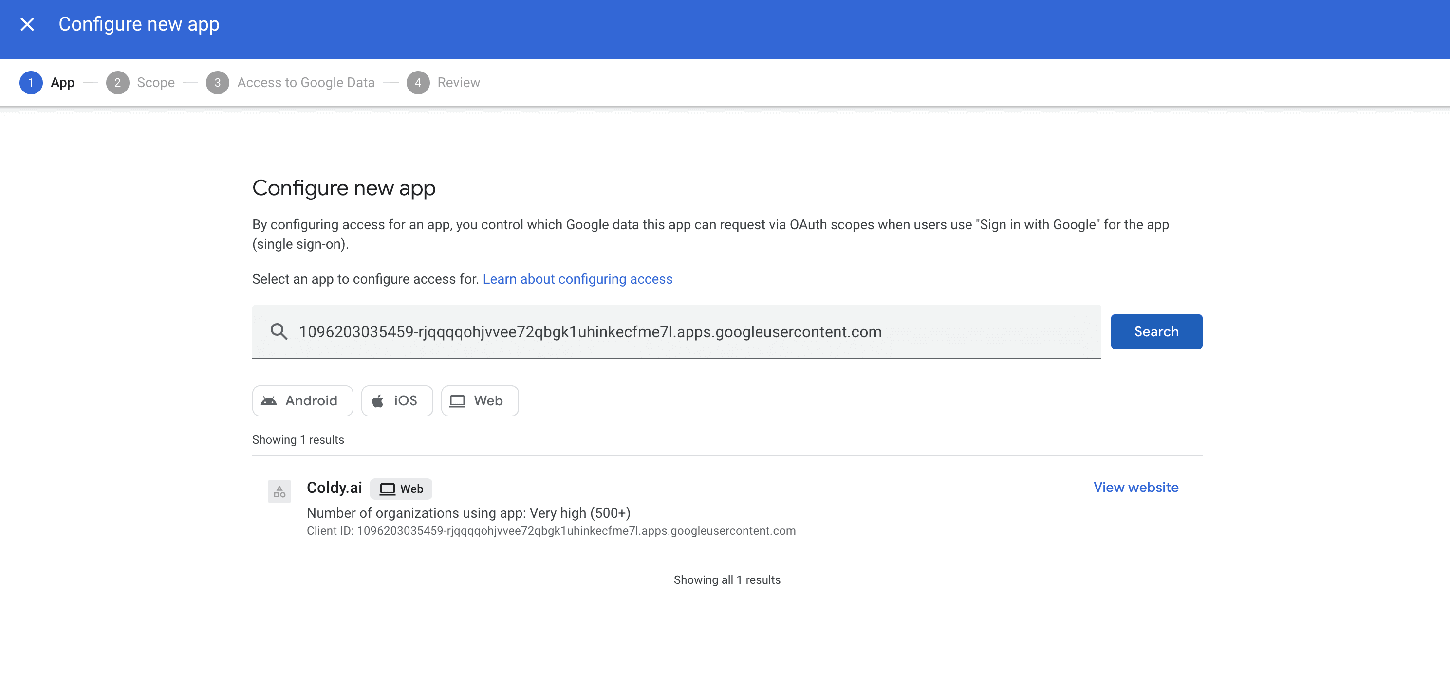 Выбор приложения в админке Google