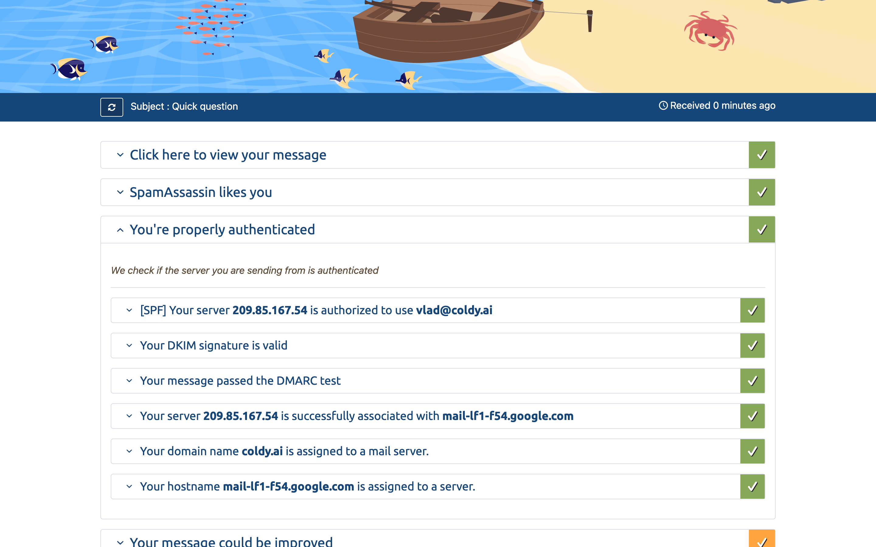 Проверка DKIM, MX, DMARC и SPF записей через mail-tester