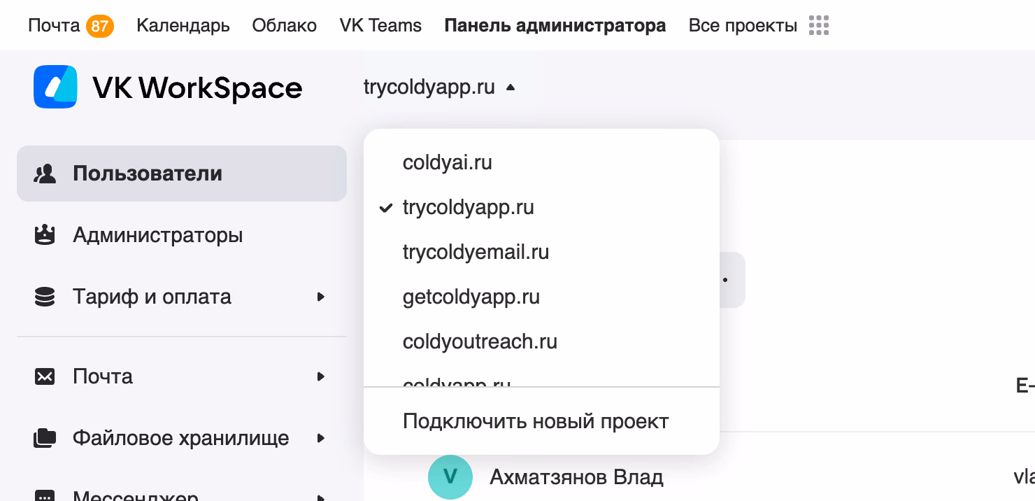 Смена домена в VKWorkspace