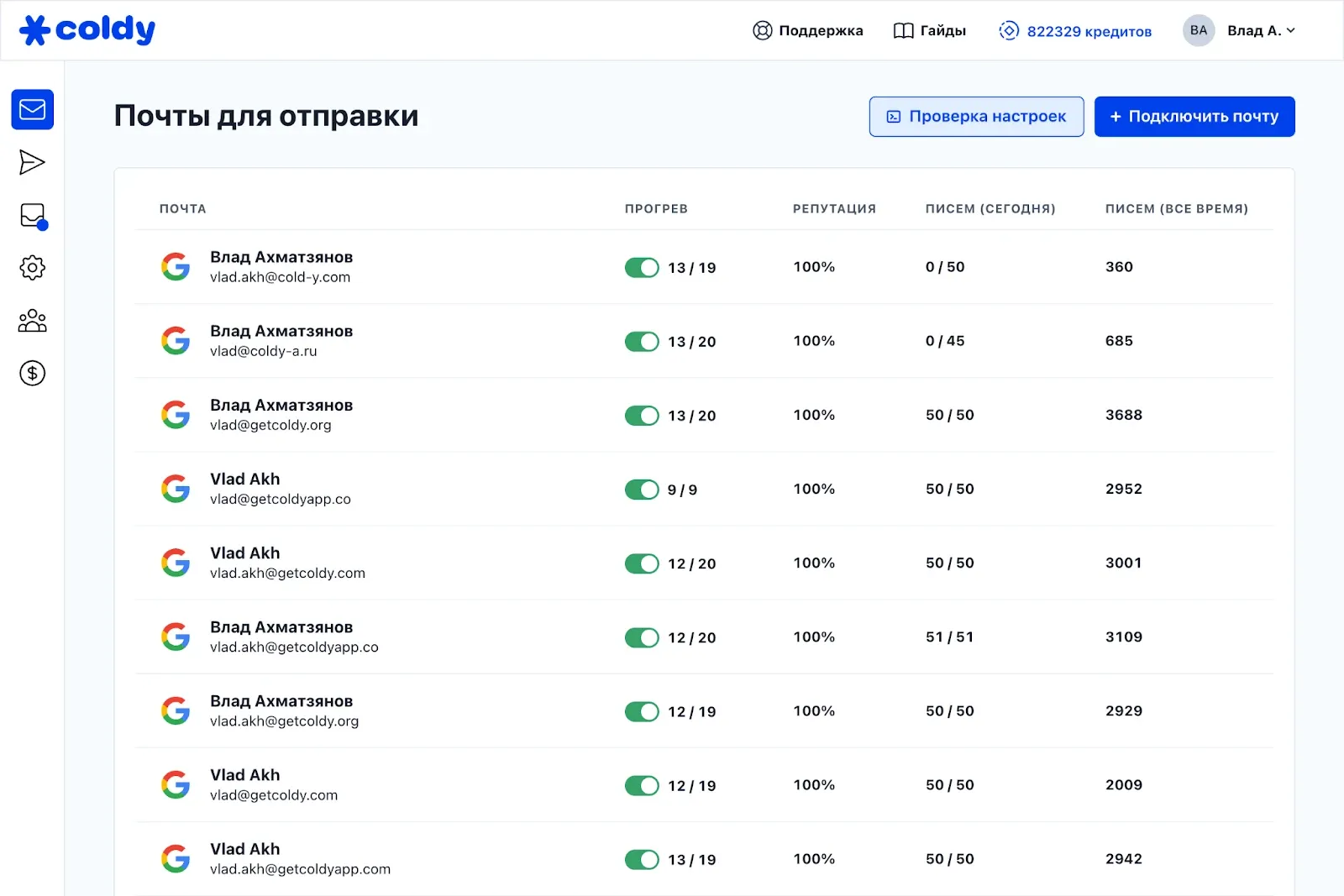 Подключение почт к Coldy