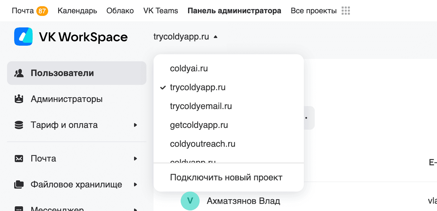 Выбор домена в VK Workspace